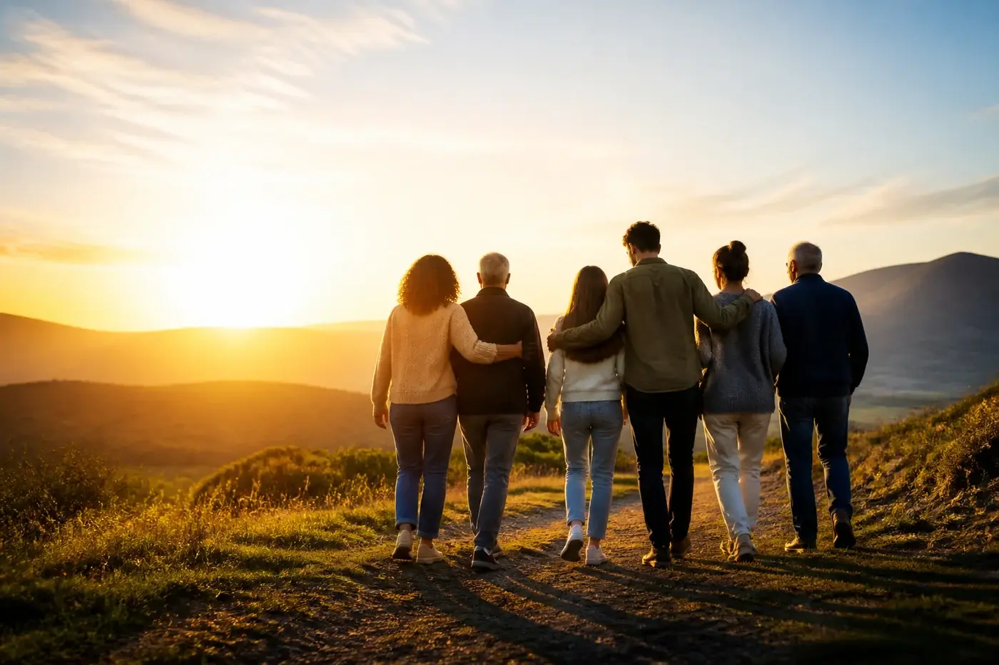 A symbolic multigenerational community walking together toward the sunrise